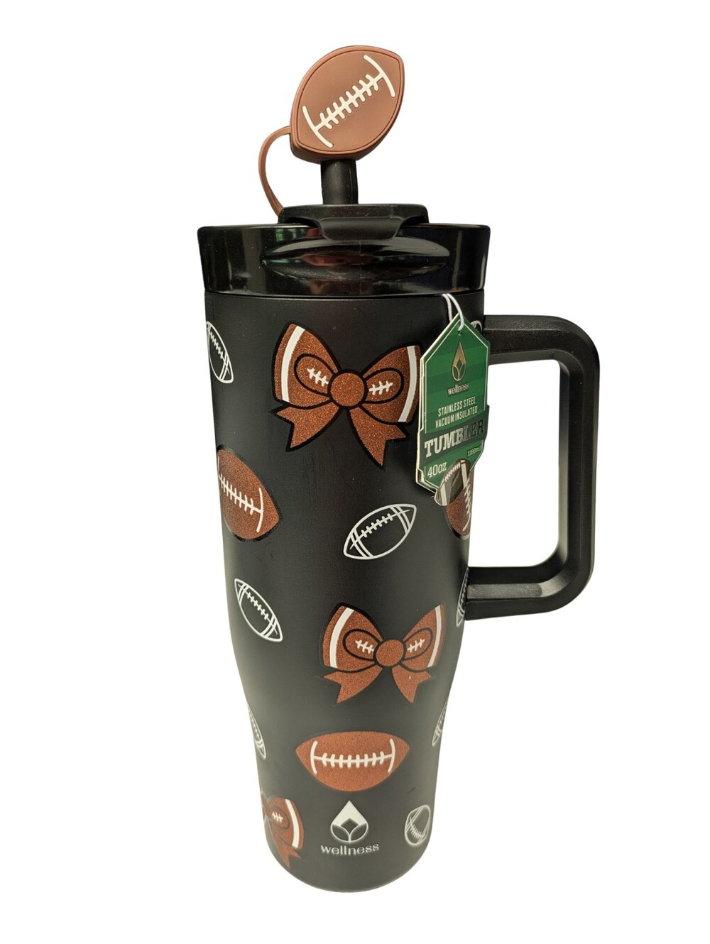 Glittery Football & Bows Print Travel Tumbler with Handle Removable Straw Topper